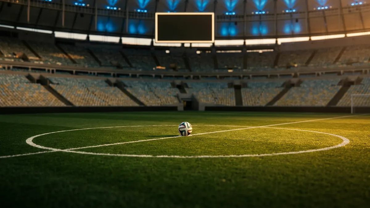 A soccer ball sits on the centre spot of a large empty stadium, green turf glowing under warm floodlights, with tiered pale seats and a dark scoreboard visible in the background.