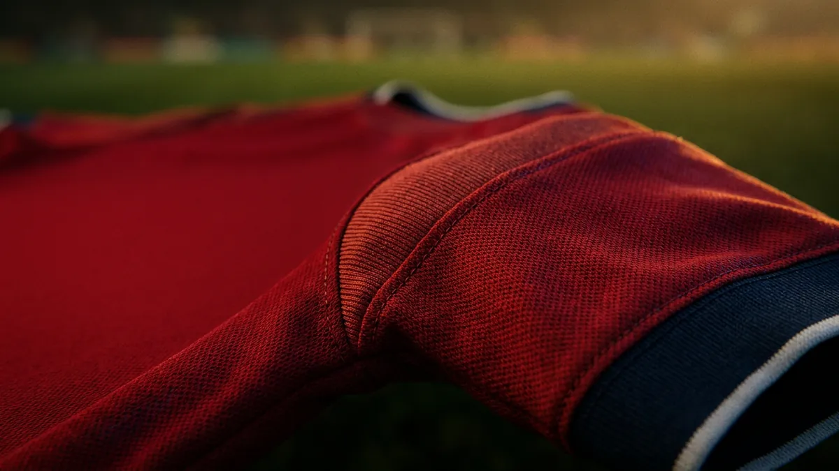 Close-up of a red sports jersey shoulder seam with navy blue sleeve panel and white trim, laid against a softly blurred green pitch in warm golden light.