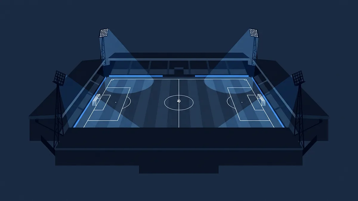 Isometric digital illustration of a floodlit futsal or indoor football arena at night, rendered in deep navy and electric blue, with white pitch markings, two goals, a centre circle, and four floodlight towers casting bright cones across the court.