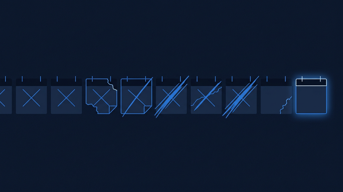 A row of calendar pages with most torn away and crossed out, one remaining page glowing faintly at the end of the line, centred in the frame.