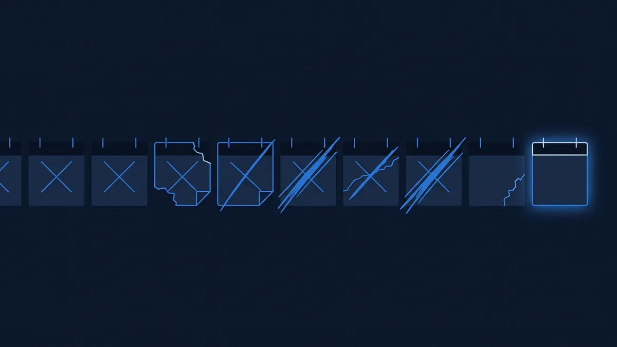 A sequence of nine stylised calendar icons on a dark navy background, most marked with blue X shapes or showing torn and cracked edges, with the final rightmost calendar glowing brightly in white and blue.