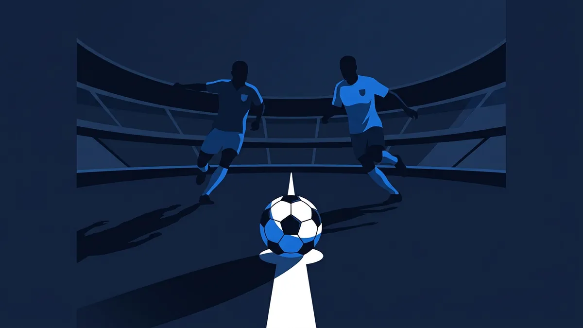 Two stylised silhouetted football players face off on a dark navy pitch, with a black and white football on a white centre line and a stadium arc in the background.