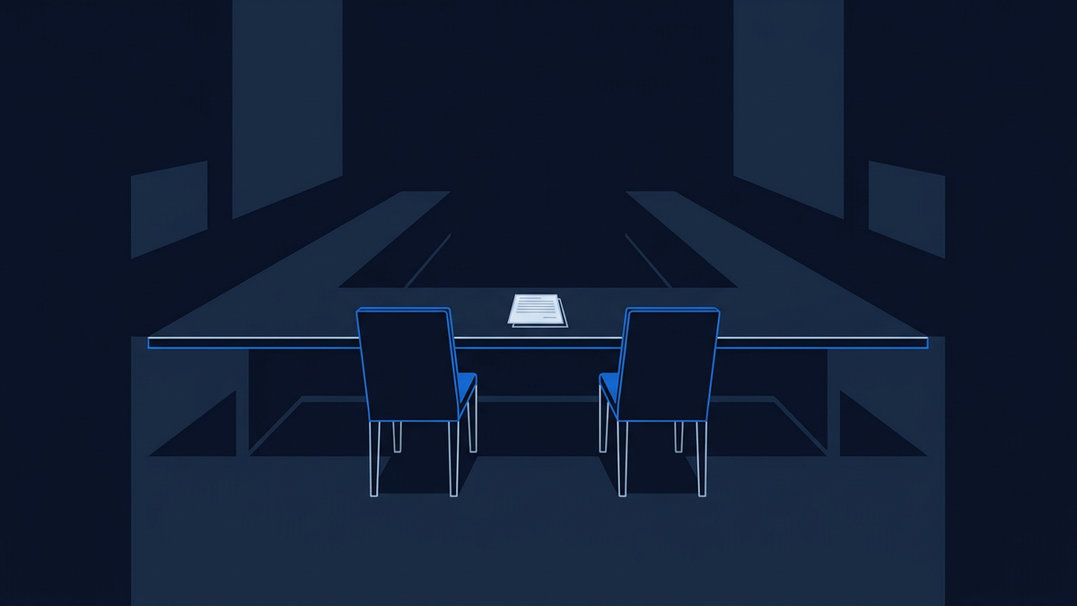 A long diplomatic table stretching into a vast empty hall, two facing chairs at the centre, untouched documents resting between them