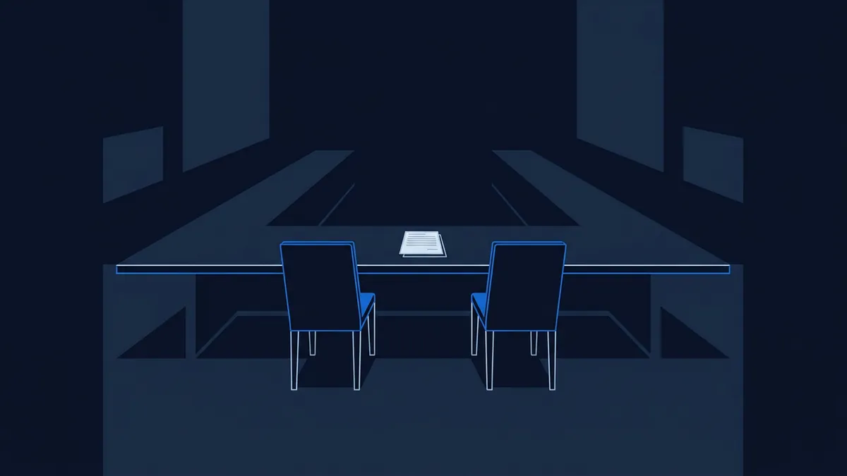 A dark navy blue stylised illustration of a long table with two chairs facing the same side and a document placed on top, set in a dimly lit geometric room.