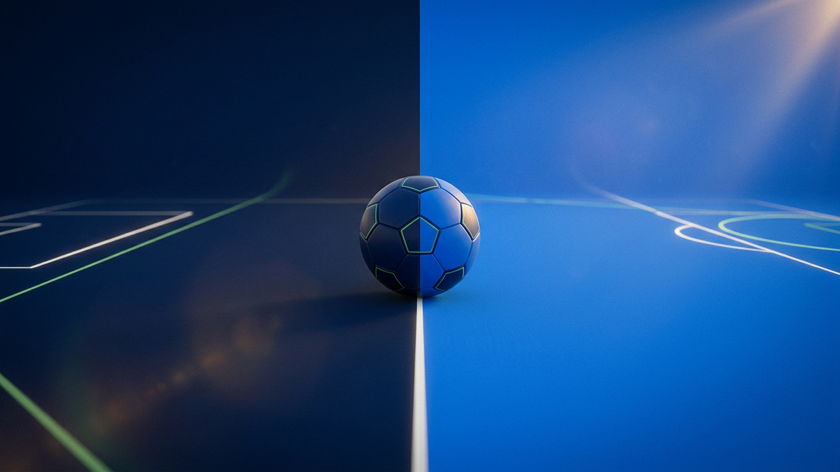 Abstract minimalist graphic of a single stylised football resting on the centre line of a pitch split symmetrically into two equal navy and electric-blue halves, evoking a level drawn result