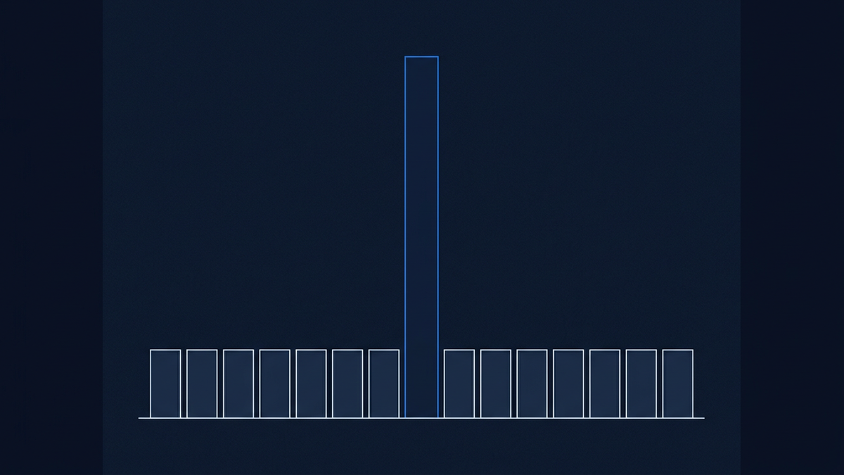 A single tall column rising from a flat horizon of much shorter columns, dominating the frame in a stark editorial composition