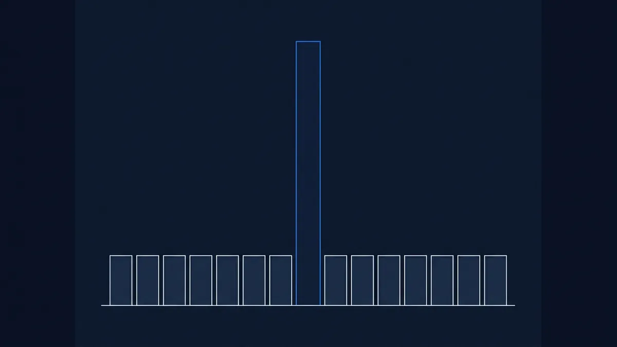A bar chart motif on a dark navy background shows one tall blue-outlined column rising high above a row of shorter uniform columns along a baseline, suggesting a data visualisation.