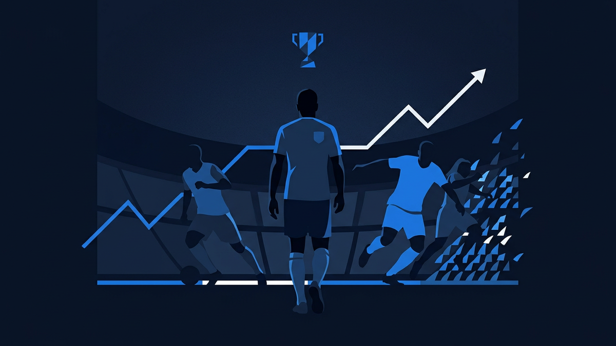 A lone midfielder silhouette walking away from an abstracted stadium bowl, a trophy shape rendered as a small geometric form in the negative space above