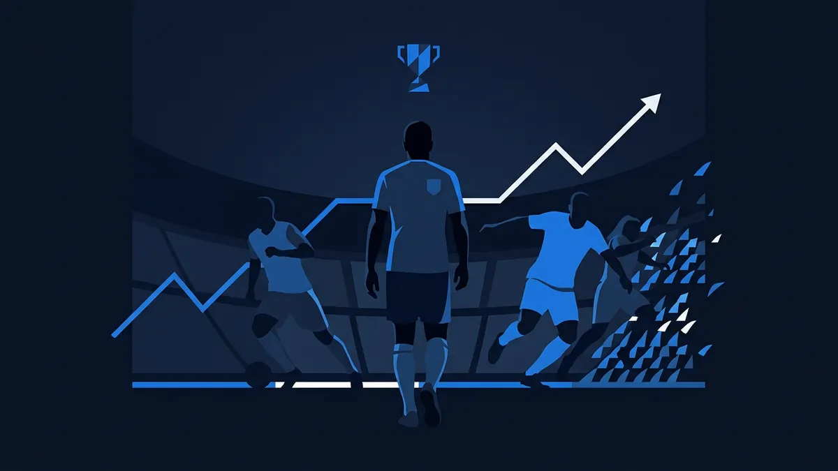 Three stylised silhouettes of football players in a dark navy stadium setting, with a blue line graph trending upward and a trophy icon above, all rendered in a flat geometric blue palette.