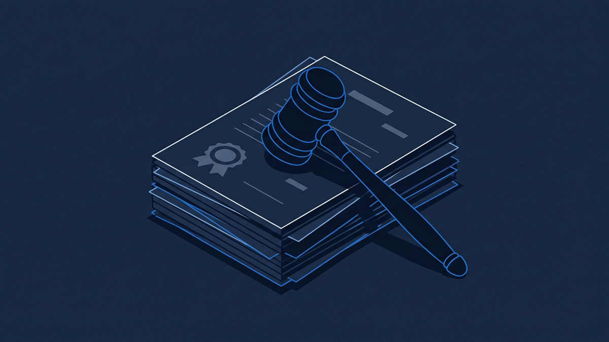 A courtroom gavel resting on a stack of layered legal documents with a partially visible party seal, dim atmospheric background