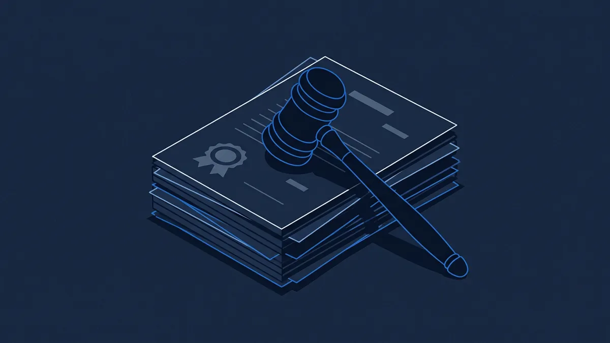 A stylised isometric gavel resting diagonally across a stack of layered legal documents featuring a certificate seal, rendered in deep navy blue with bright blue outlines.