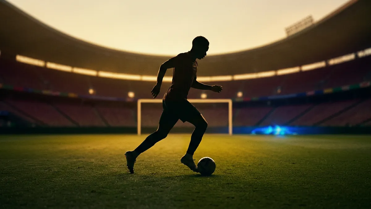 A footballer silhouetted against warm golden light dribbles a ball across a green pitch inside a large stadium, with a goal visible in the background and empty red seats curving overhead.