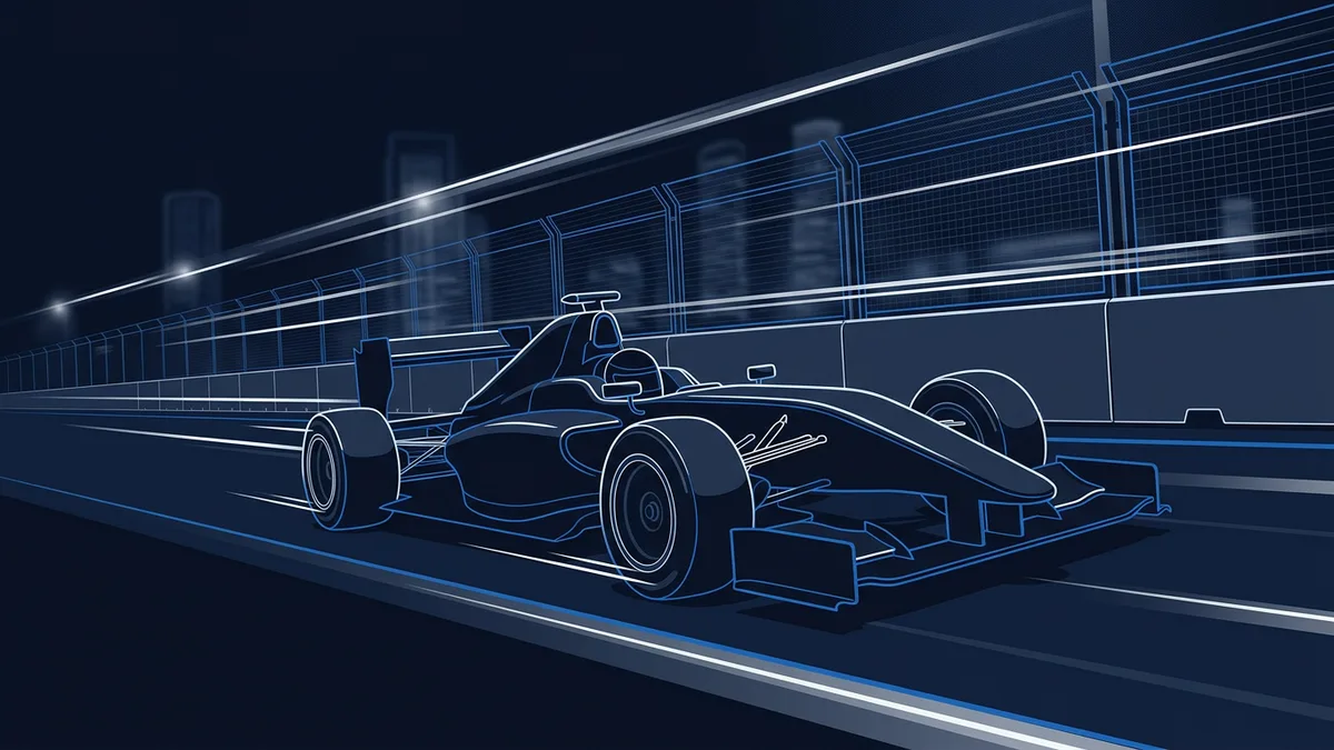 A stylised digital artwork of a single-seater open-wheel racing car speeding along a floodlit circuit at night, rendered in deep navy blue with glowing white and blue outlines against a dark background.