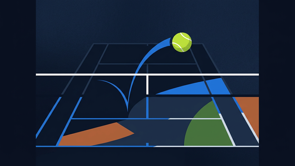A single tennis ball suspended above a hard-court baseline, the court receding into deep navy space, a taut net line stretching across the frame.