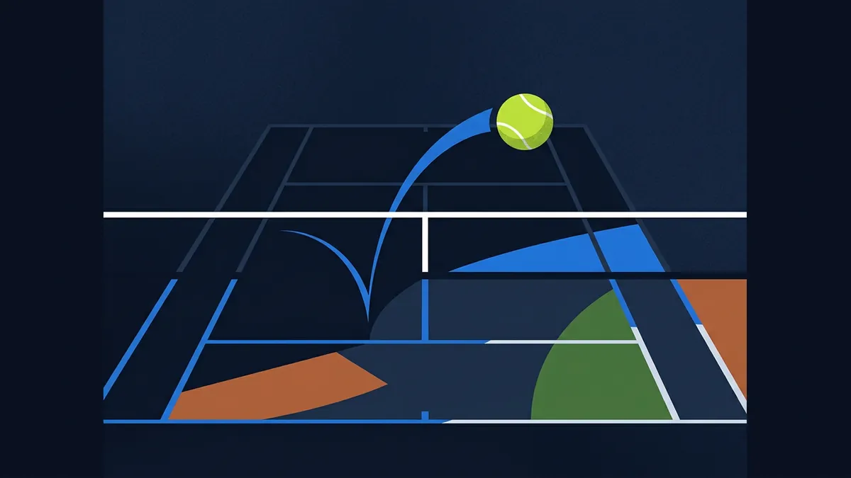 A yellow-green tennis ball arcs over a net on a stylised dark navy court, with abstract geometric shapes in blue, orange, and green overlaid on the court surface.