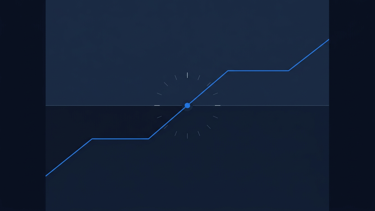 A single price line creeping just above a horizontal midpoint marker, the crossing point centred and emphasised, surrounded by faint scattered tick marks rising gently.