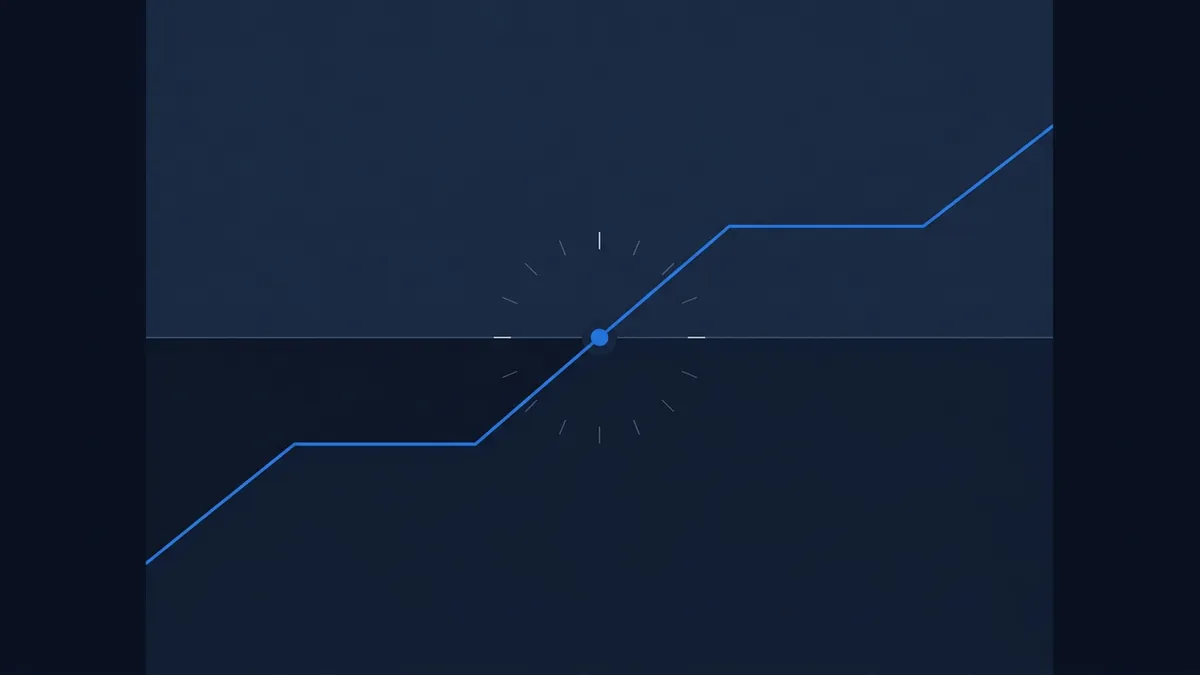 A blue line chart on a dark navy background rises from lower left, flattens briefly, then climbs steeply to upper right, crossing a horizontal midpoint marker at a highlighted dot with radiating tick marks.