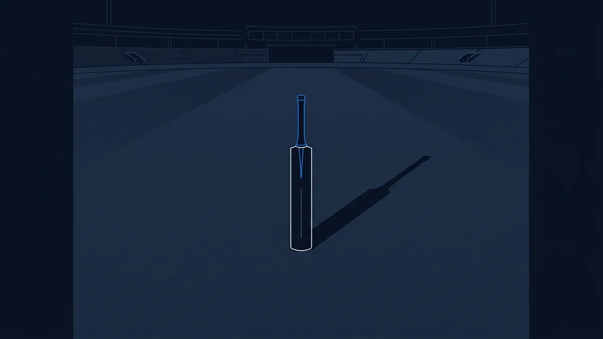 A stylised dark-navy illustration of a cricket bat standing upright on a cricket pitch inside an empty stadium, outlined in white and blue with a long shadow cast to the right.
