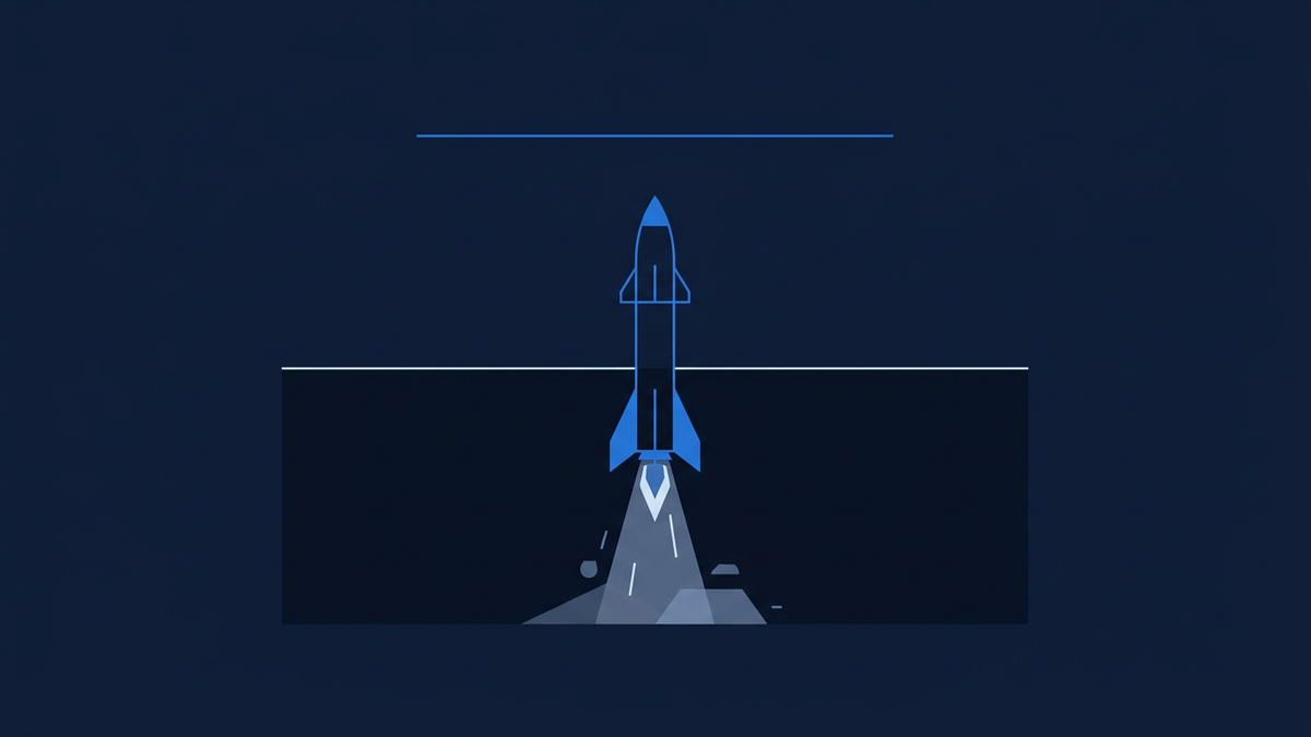 A towering rocket silhouette ascending past a horizontal valuation threshold line, with a second higher threshold line floating above it in the navy sky