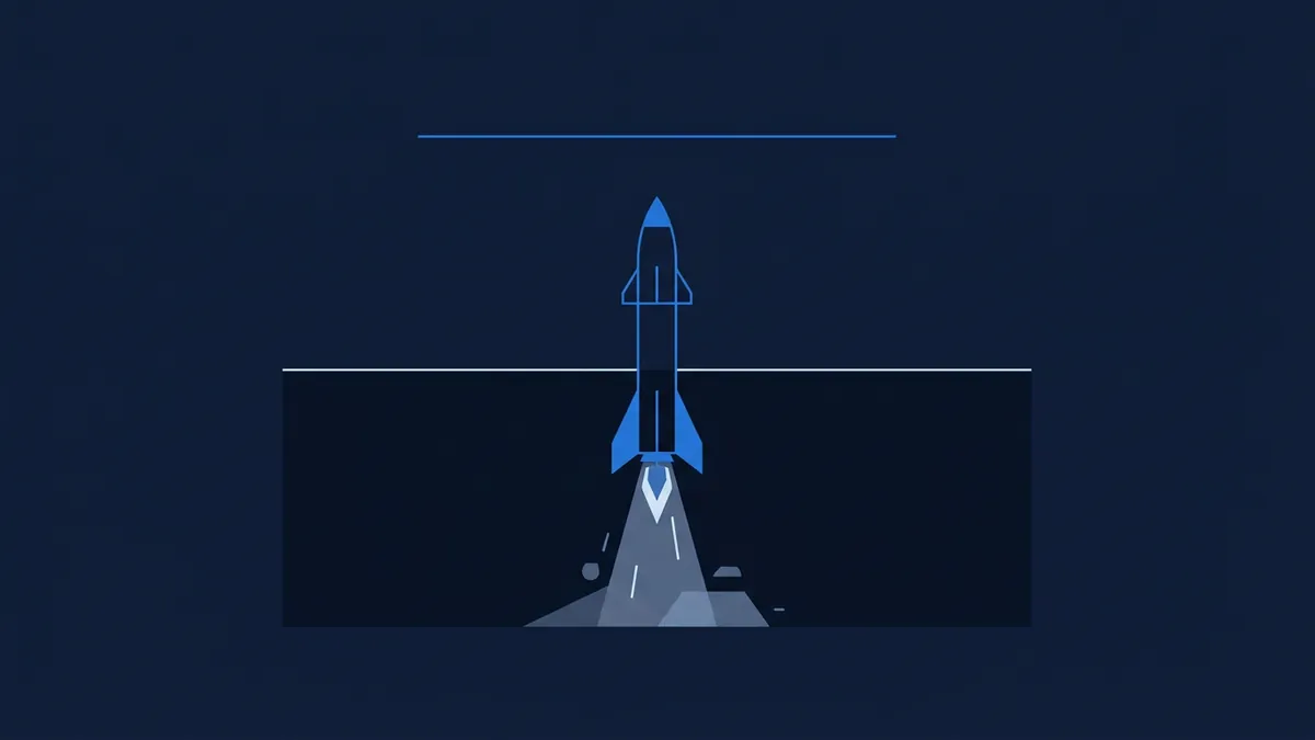 A flat vector rocket in blue and dark navy launches upward through a horizontal white line, with exhaust plume below, set against a deep navy background with a thin blue line above.