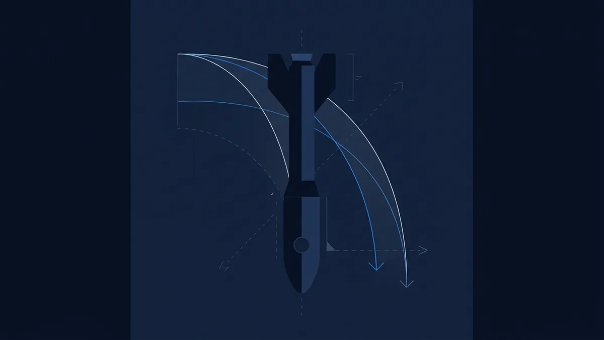 Stylised technical diagram of a missile or guided bomb shown vertically, with curved trajectory arcs and dashed construction lines on a deep navy blue background.