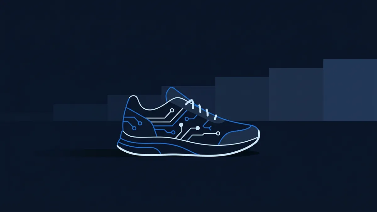 A stylised flat illustration of a navy blue running sneaker decorated with glowing blue circuit board traces and nodes, set against a dark navy background with stepped rectangular shapes.