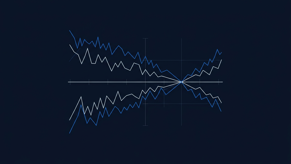 A schematic of three jagged price lines converging towards a single horizontal threshold line, the convergence point sitting dead centre as the dramatic focus.