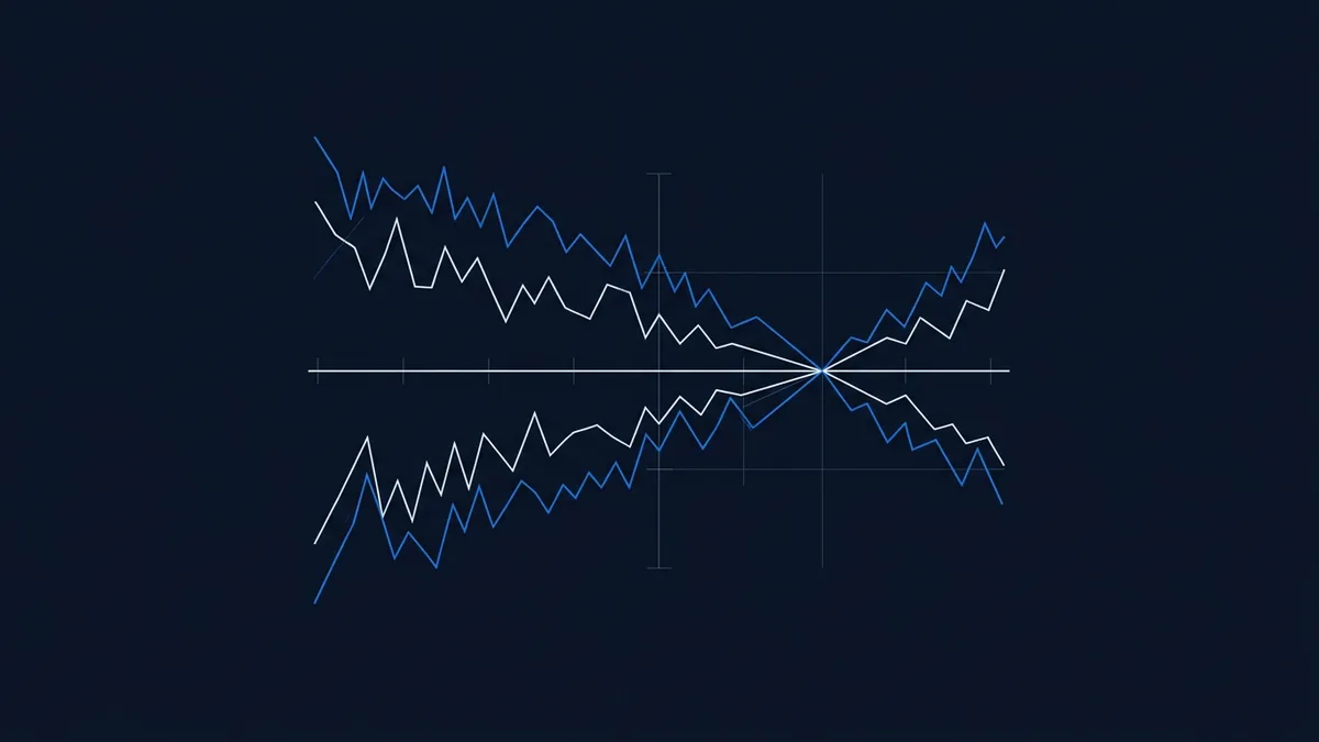 Abstract financial or data chart on a dark navy background, showing two pairs of jagged blue and white lines converging at a central point on a horizontal axis, then diverging symmetrically, creating a mirror-image bowtie pattern.