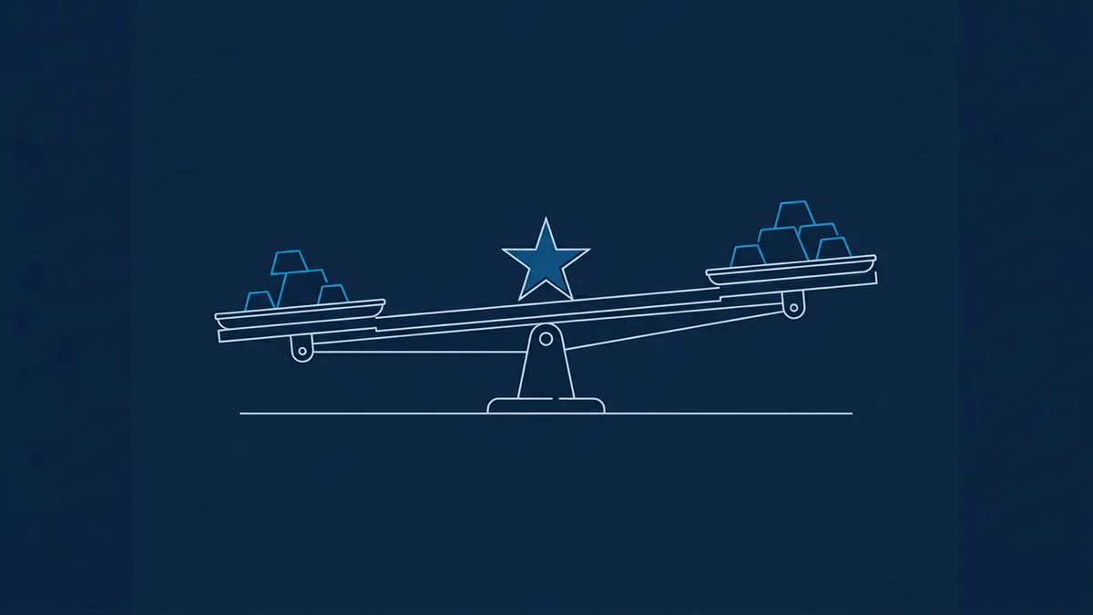 A line-art balance scale tilted slightly to the right, with stacked gold bar shapes on each end and a solid blue star at the fulcrum pivot point, on a dark navy background.