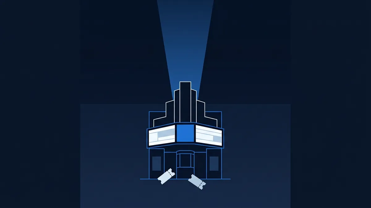 Stylised flat-art cinema building with an art-deco stepped facade, a lit marquee sign, entrance doors, and two ticket stubs in the foreground, set against a deep navy background with a blue spotlight beam rising upward.