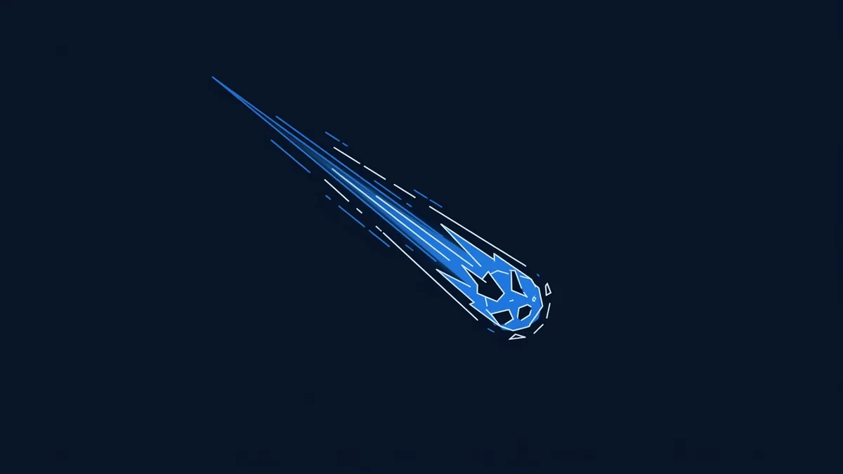 A stylised blue soccer ball streaks diagonally across a dark navy background, trailing bright blue speed lines like a comet, rendered in a flat geometric illustration style.