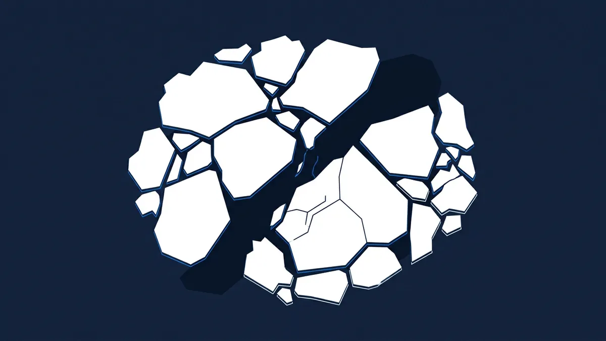 Stylised flat graphic of cracked ice floes viewed from above, white polygonal shards separated by dark navy gaps, set against a deep navy background.