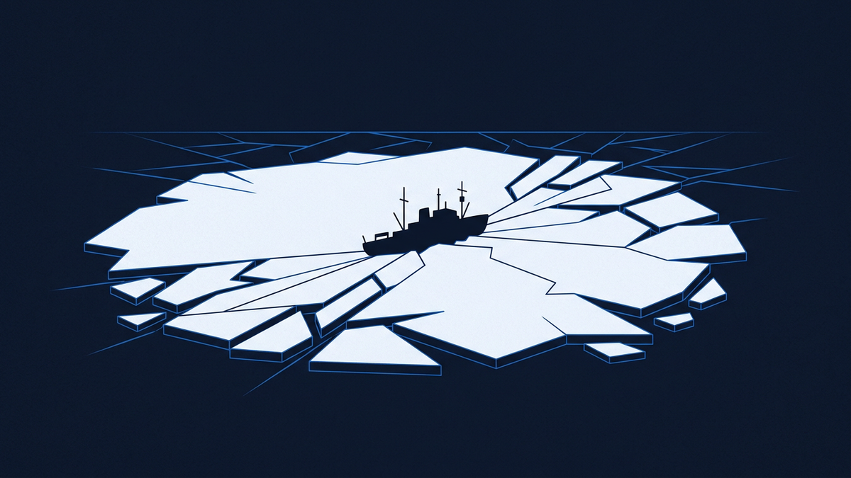 A lone research vessel silhouette locked inside a jagged pack-ice horizon, the ice extending outward into an empty polar expanse