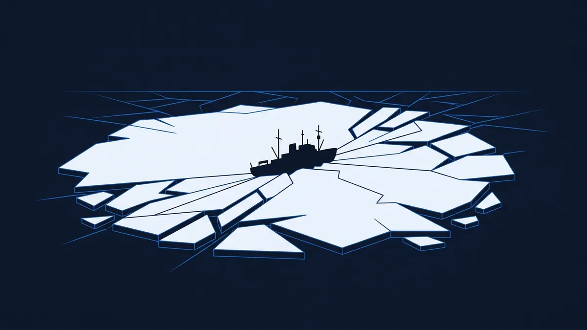 A dark silhouette of a ship sits at the centre of cracked and fractured arctic ice floes, radiating outward on a deep navy background in a flat geometric style.