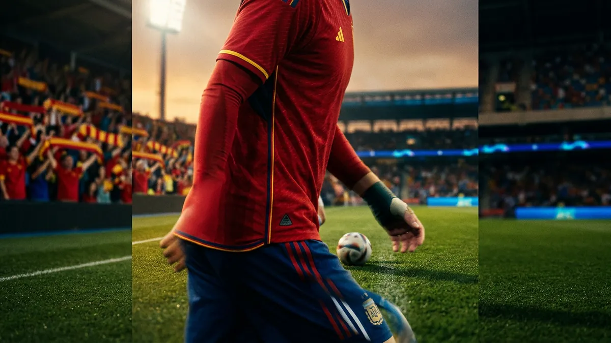 A football player in a red long-sleeve Adidas jersey and blue shorts walks on a green pitch near a white ball, with a packed stadium crowd in red and yellow behind them.