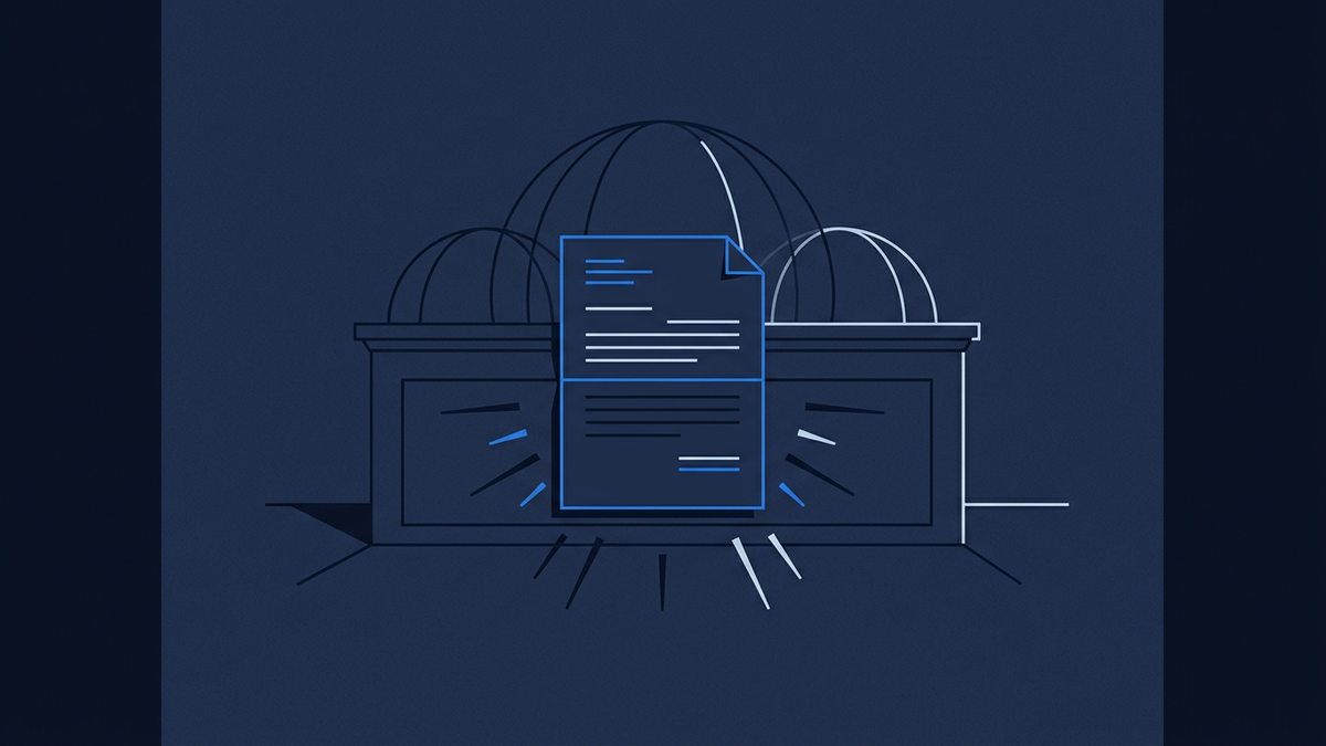 A stylised legal subpoena document sitting at the centre of a courtroom bench, with faint capitol dome geometry rising behind it