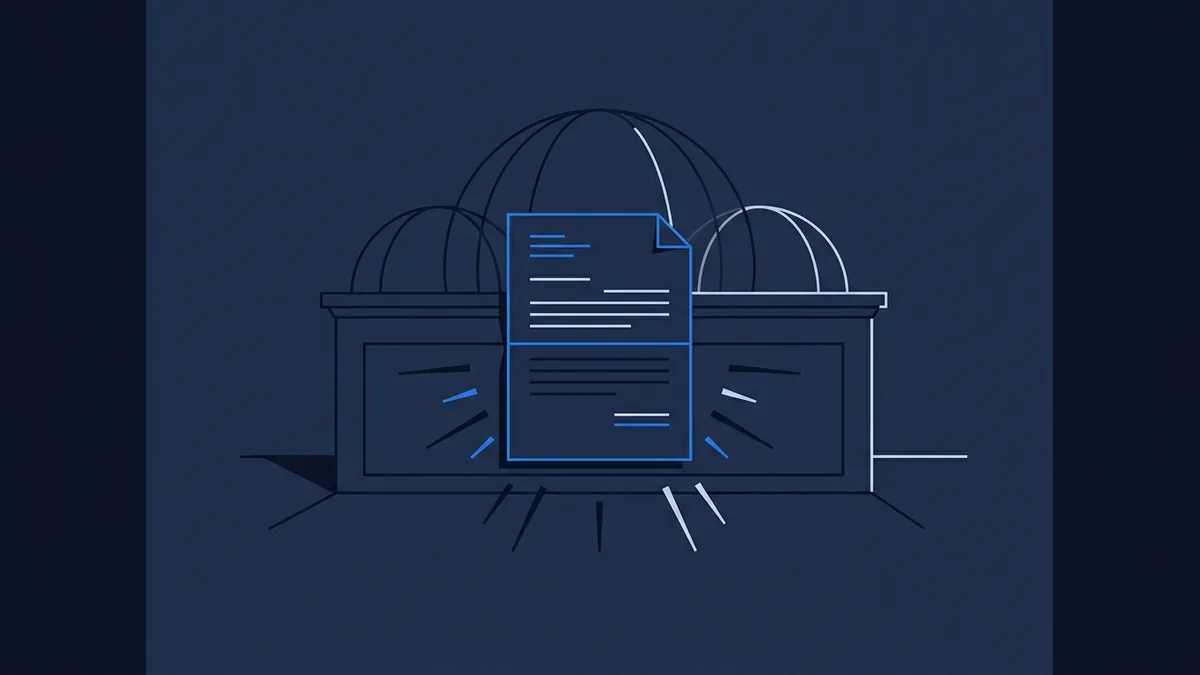A stylised line-art document with blue and white text lines floats in front of two observatory or capitol dome structures on a deep navy background, with radiating light lines suggesting importance.