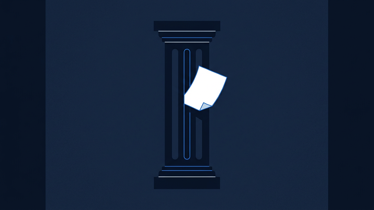 An abstract Supreme Court column rendered as geometric shapes, with a single document drifting toward an opening at the centre of the frame.