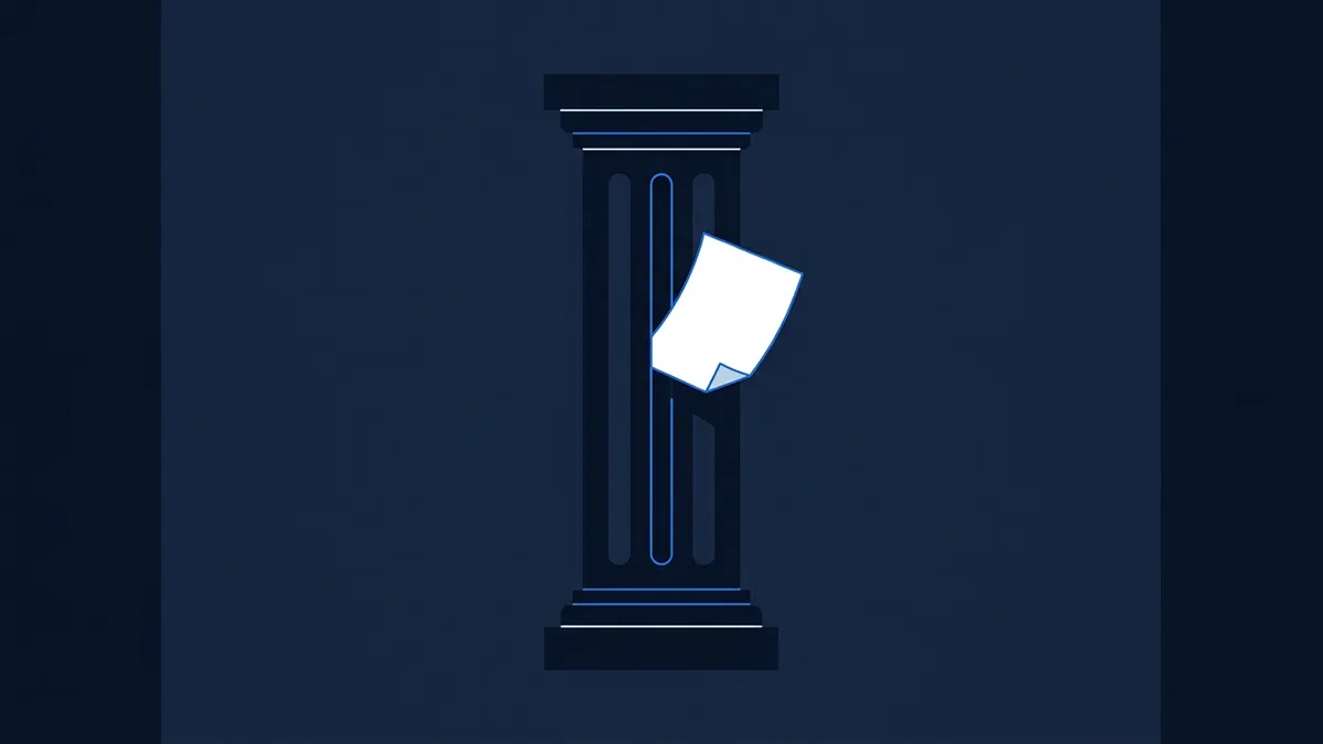 A dark navy blue classical column with fluted shaft and capital, shown in flat geometric style, with a white document icon resting against its centre.