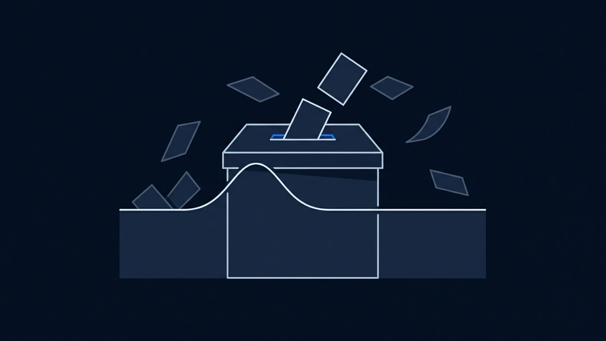 A stylised ballot box with a single tally mark rising steeply, then flattening into a low plateau, isolated against deep negative space