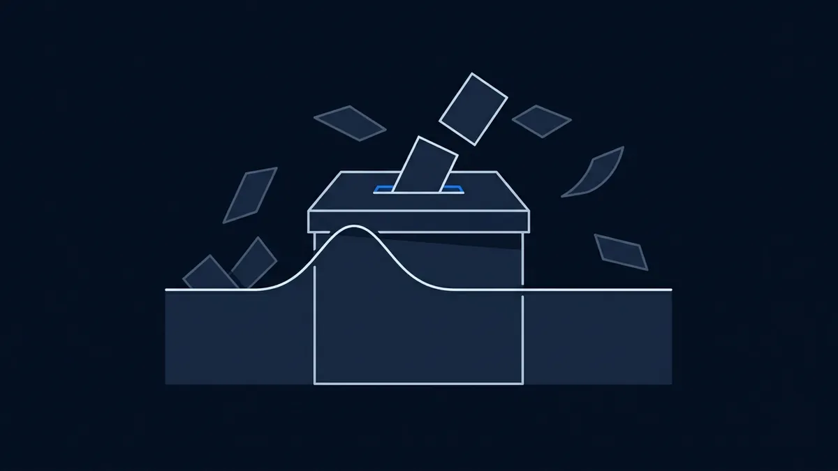 A stylised ballot box on a podium sits against a deep navy background, with multiple paper ballots flying upward and one being inserted into the slot, rendered in flat geometric illustration style.