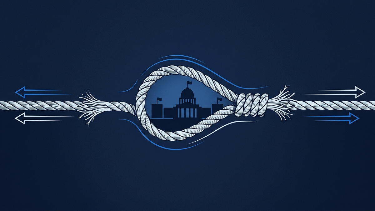 A weathered loop of rope tightening around a small Westminster-style silhouette, the loop pulled taut from two directions, centred in deep navy space