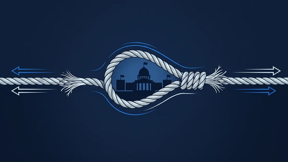 A thick white rope tied in a complex knot frames a dark blue silhouette of a domed government building with flags, on a deep navy background, with blue arrows pointing outward from each end of the rope.