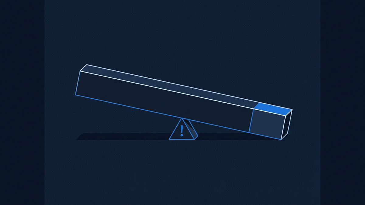 A stark editorial illustration of a lone probability bar tilted far to one side, dwarfing a small rising alert marker at the frame's centre.