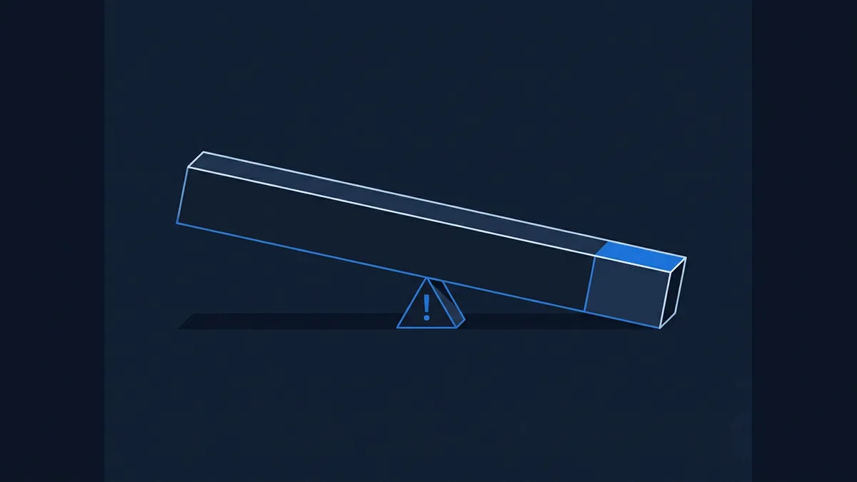 A 3D rectangular bar rendered in dark navy blue with blue outlines balances on a small triangular fulcrum marked with an exclamation point warning symbol, tilted at an angle on a dark background.