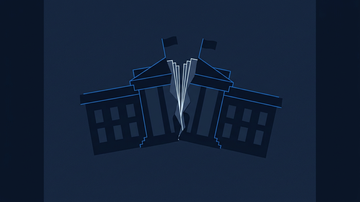 Two overlapping institutional building silhouettes pulling apart at the seam, faint diplomatic flag motifs and document edges flaring at the fault line, deep navy negative space surrounding them.