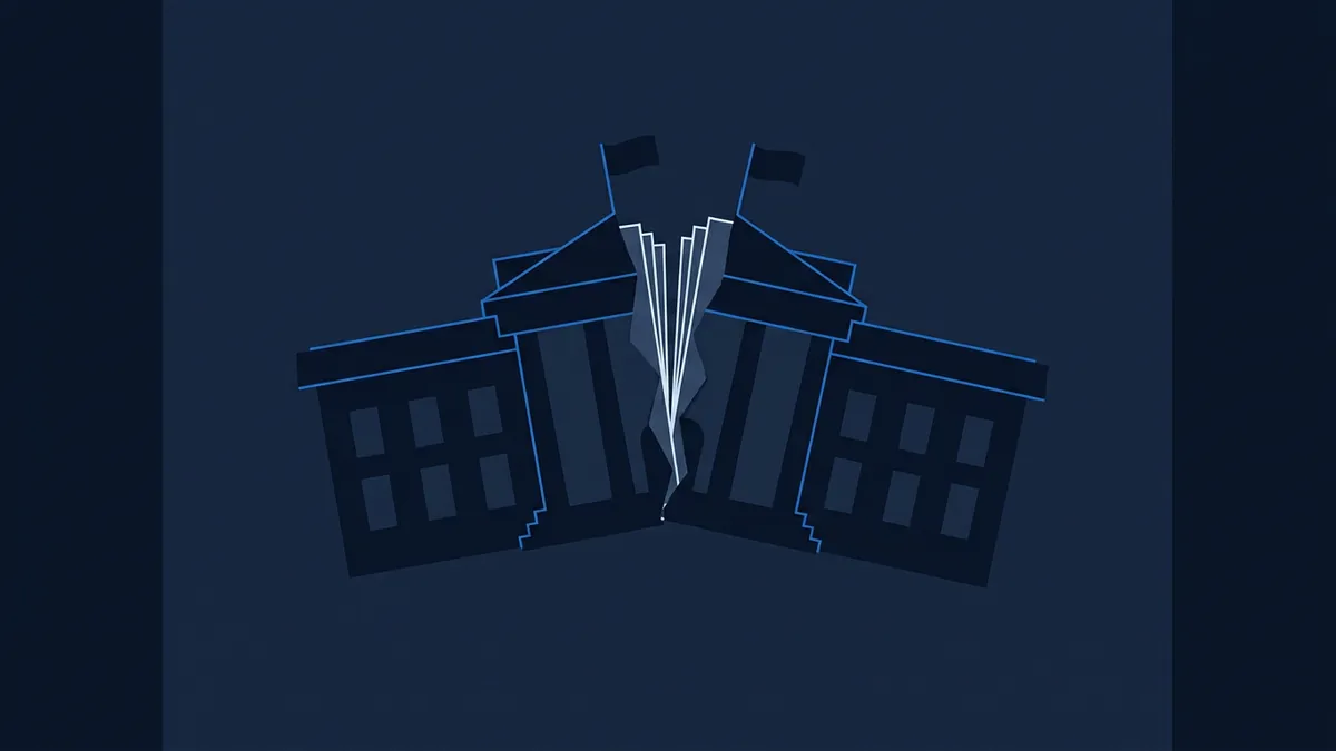 A stylised dark navy graphic shows a government building silhouette split down the middle, its two halves tilting apart with jagged paper-like shards at the crack, two small flags on top, on a deep navy background.