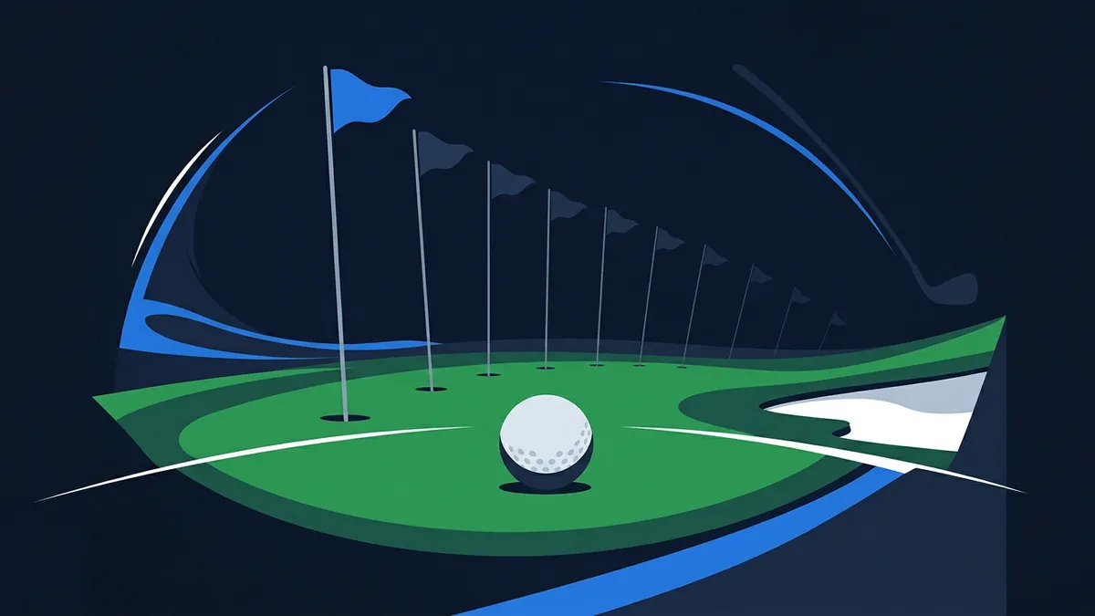 A white golf ball sits on a stylised green putting surface surrounded by multiple flag-topped pins receding into a dark navy background, with blue swooping curves and a sand bunker accent on the right.