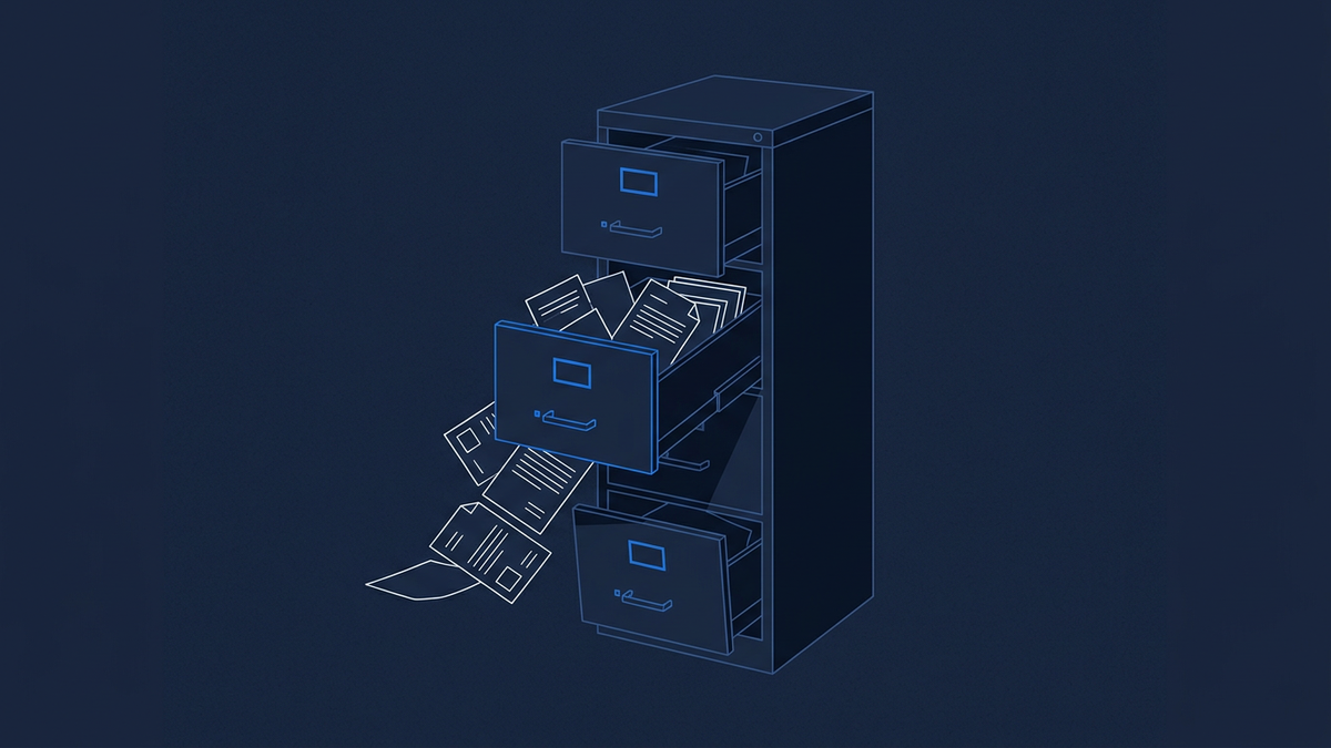 A government filing cabinet with several drawers pulled open at different heights, papers spilling from the middle drawer into empty space, the central drawer the focal point of the composition.