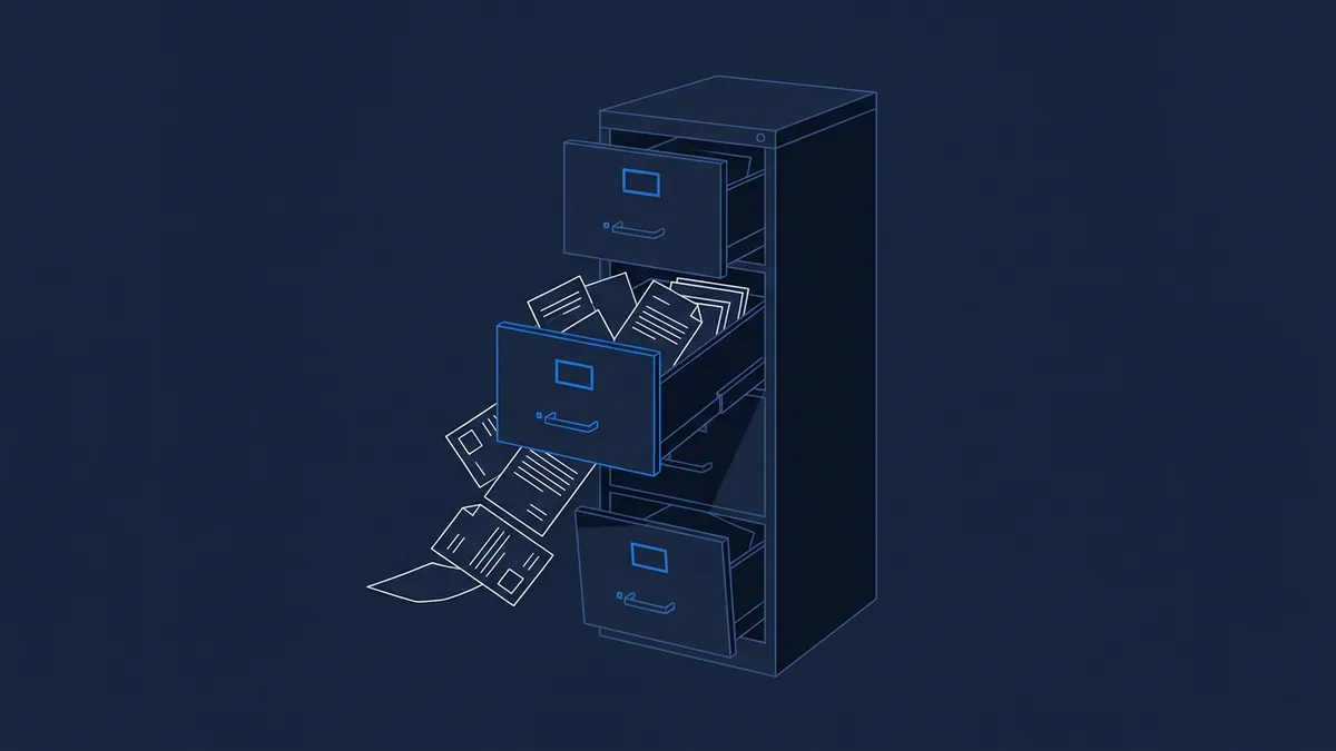 A stylised dark navy blueprint-style drawing of a tall four-drawer filing cabinet with three drawers open, papers and documents spilling out from the middle drawers onto the floor, rendered in blue and white line art.